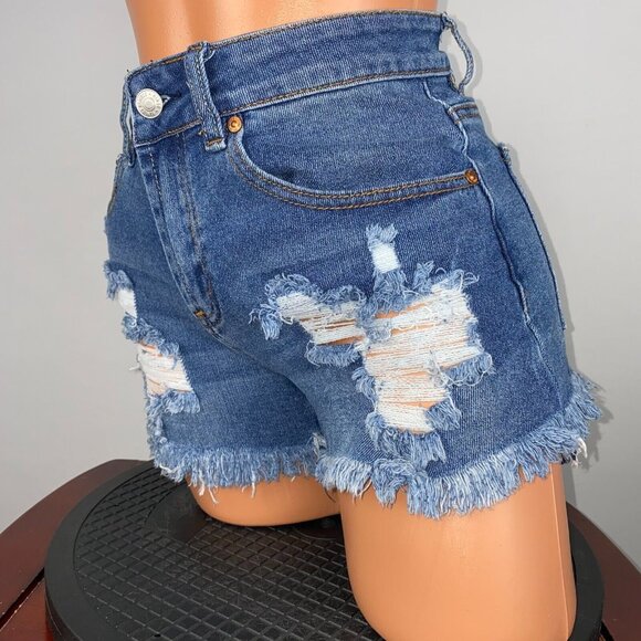 Almost Famous Juniors 3 Distressed Denim Fringe Hem Shorts Boho Festival Summer - Picture 3 of 11